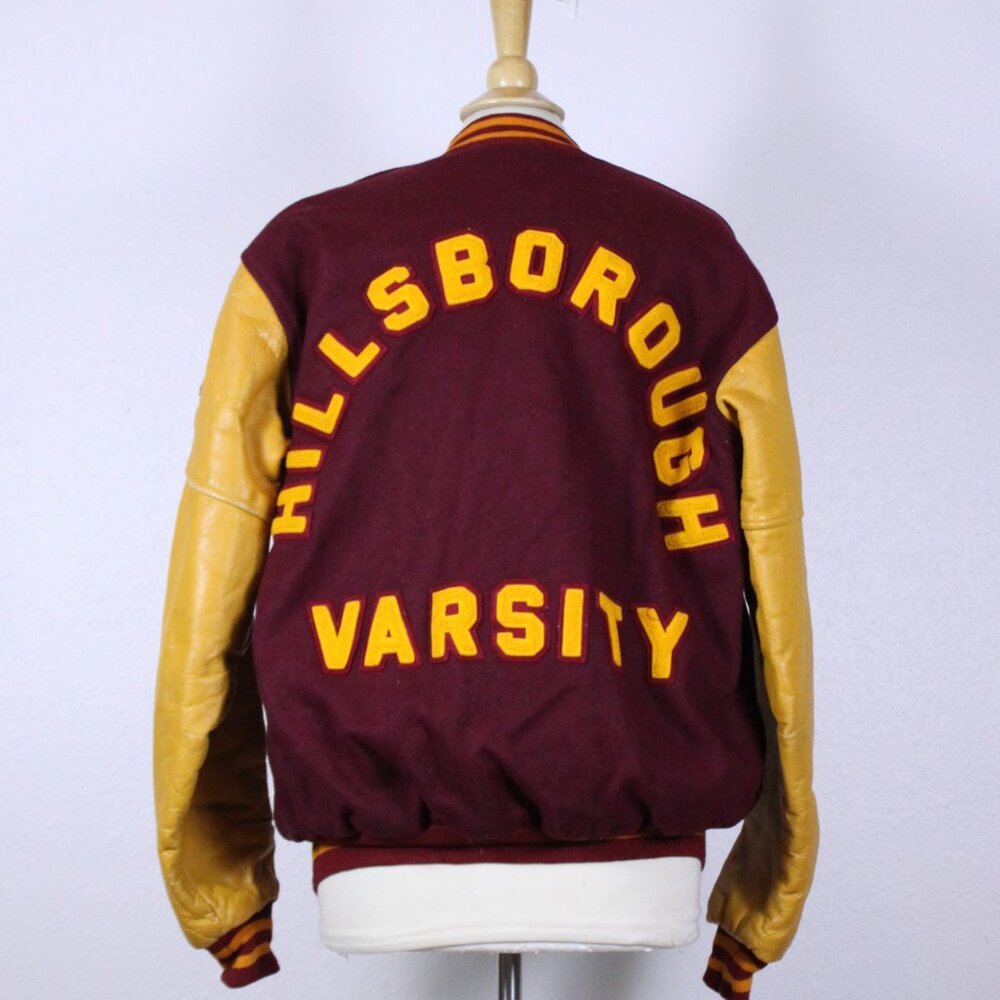Vintage 60s 70s 1974 Maroon and Tan Varsity Jacket leather Hillsboro sz M